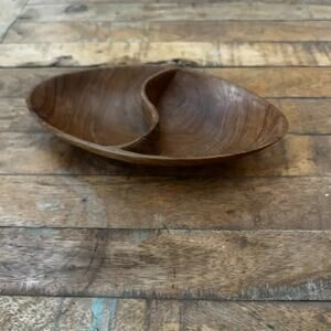 Oval Wooden Divided Tray 7.5" Serving Dish Two Compartments